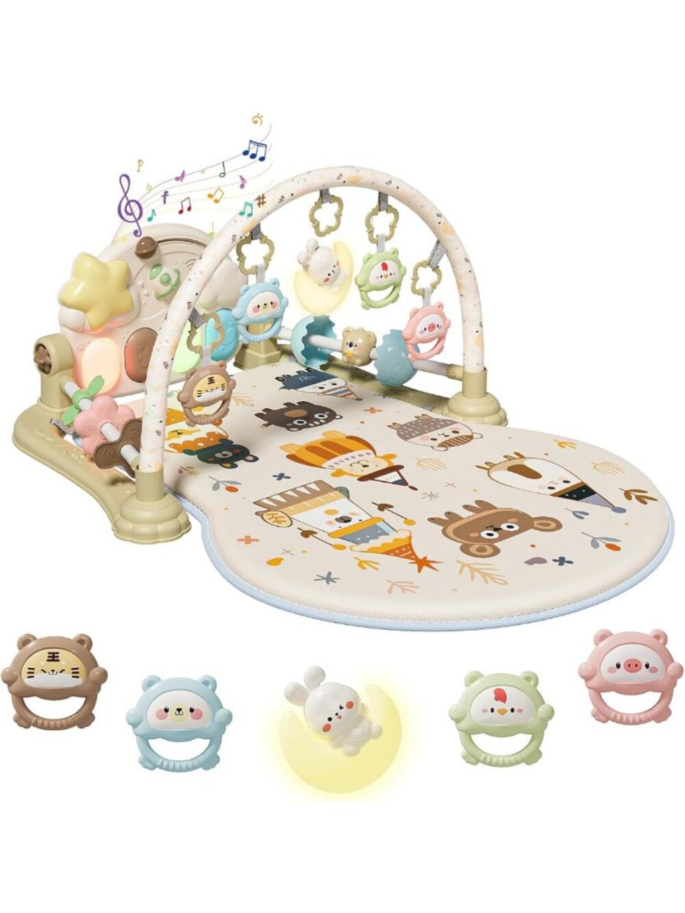 Colorful Baby Play Gym Mat with Piano, 5 Detachable Toys for Sensory Fun, Tummy